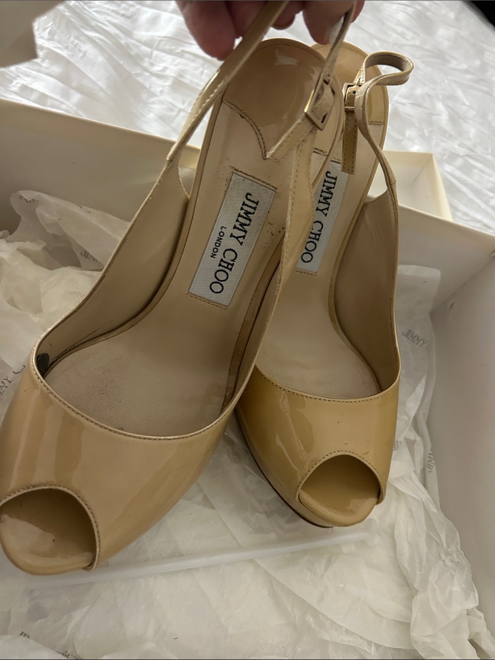 Jimmy Choo Beige Patent Leather Platform Peep-Toe Slingbacks make your offer !!! - Picture 7 of 9